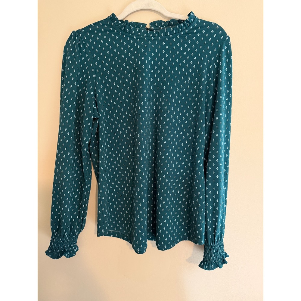 Adrianna Papell Womens Teal Green Floral Blouse Ruffle Neck Boho Romantic Fall